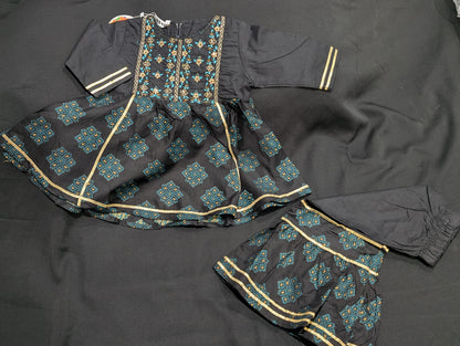 Girls' cotton self-printed embroidered and gotta work frocks and gharara sets (available in two colors).