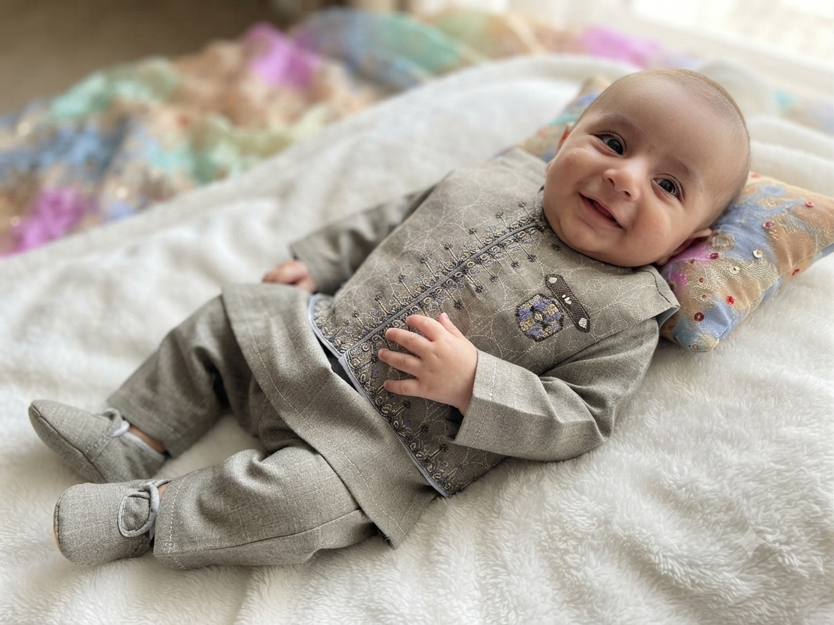 Infant viscose embroidered kurta pyjama with embroidered waistcoat