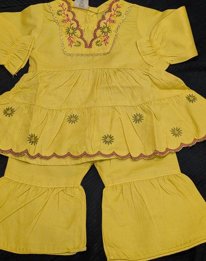 Infant cotton embroidered yellow frock with gharara style pants