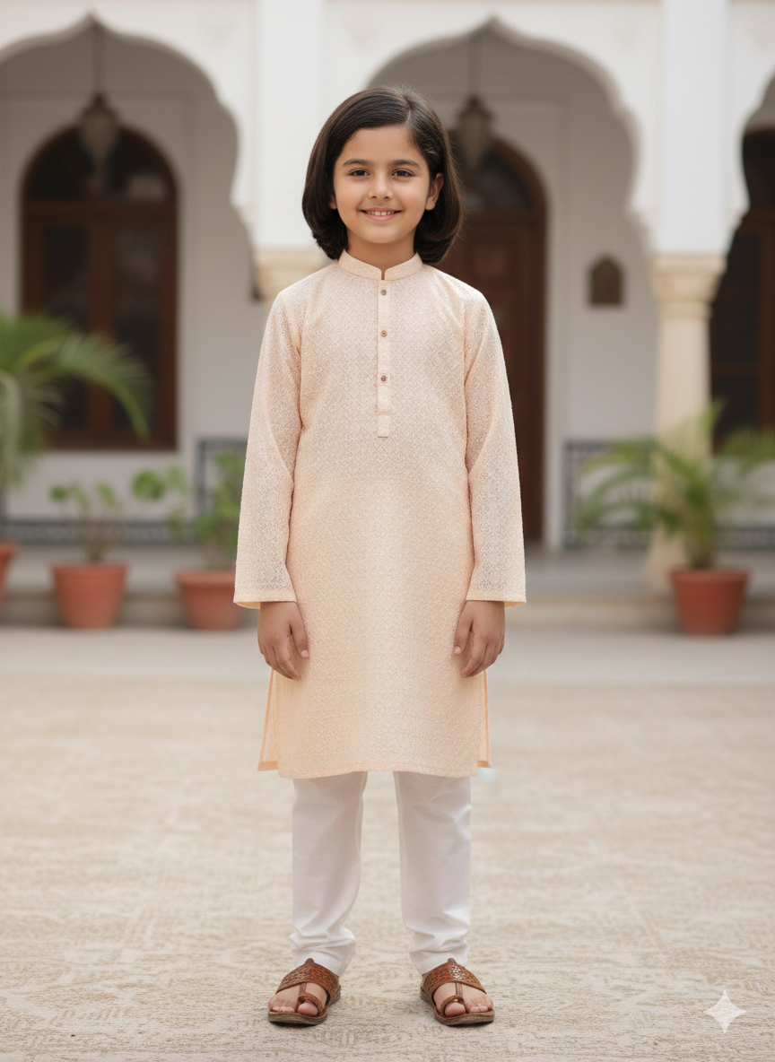 Boys apricot chickenkari kurta with white pyjama
