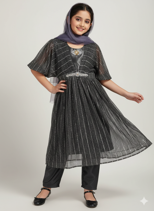 Girls' kaftan-style maxi dress featuring silk pants and a net dupatta.