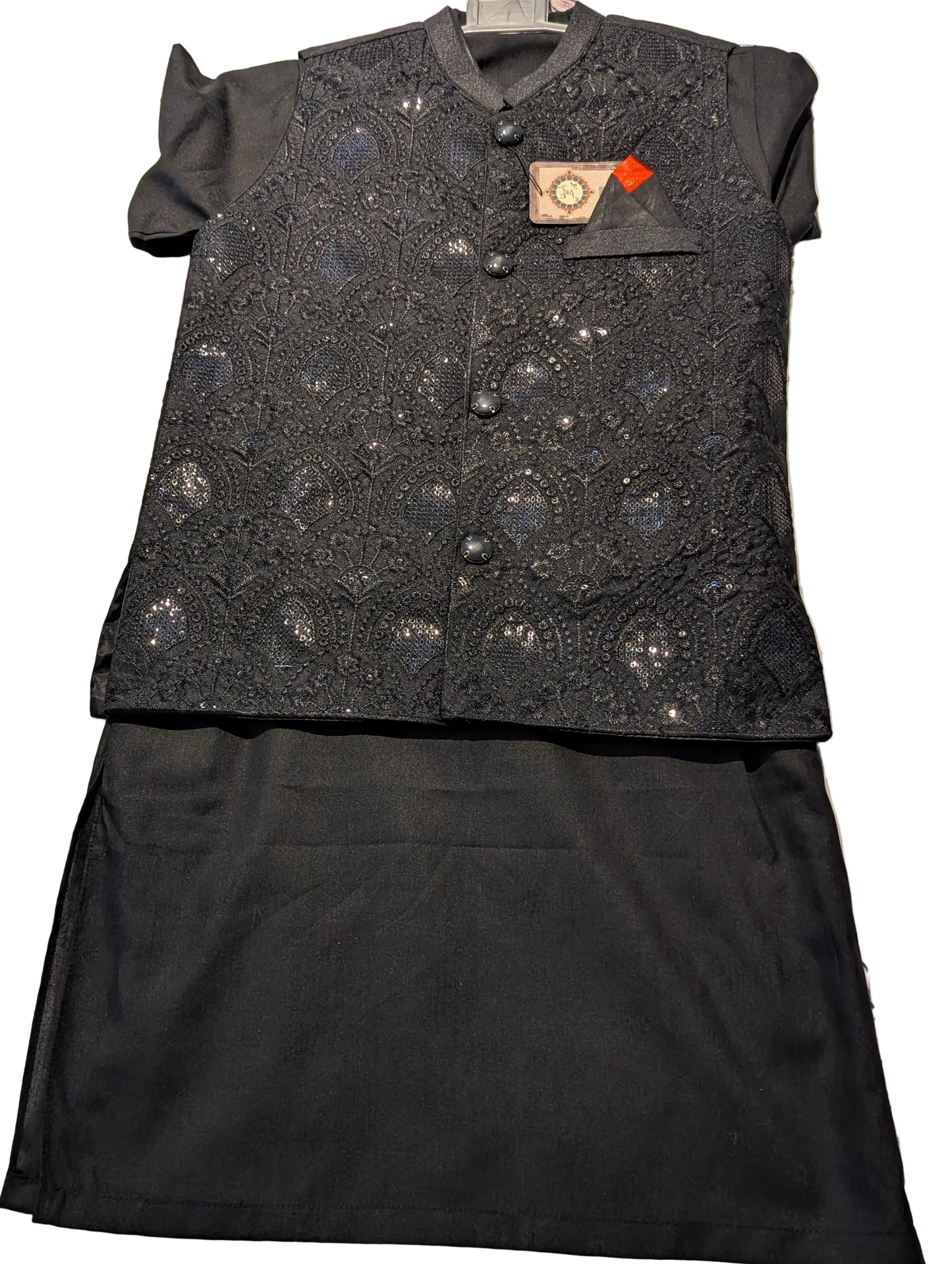 Boys Black Kurta pajama with embroidered and sequence work matching Waistcoat