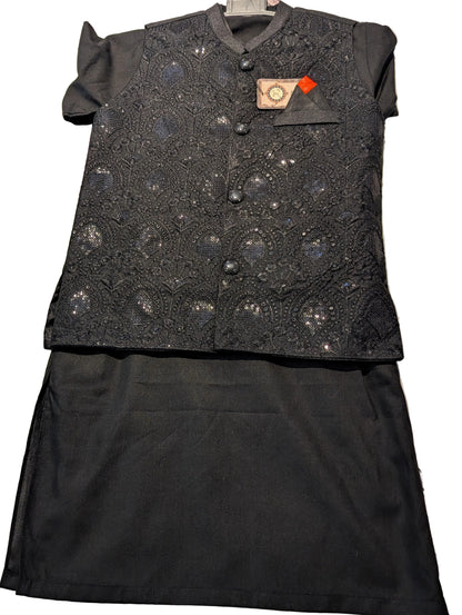 Boys Black Kurta pajama with embroidered and sequence work matching Waistcoat