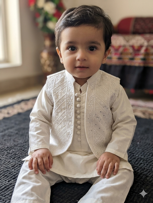 Boys white cotton kurta pyajama with sequence work matching Waistcoat