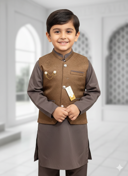 Boys' chocolate brown kurta pajama set with a matching patterned waistcoat.