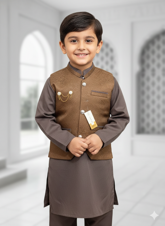 Boys' chocolate brown kurta pajama set with a matching patterned waistcoat.