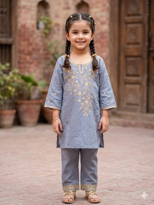Girls cotton blue-grey patterned kurta with intricate gold embroidery and matching trousers