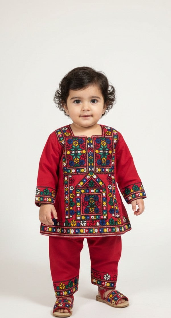 Girls shafoon fully embroidered Kurta with matching pants