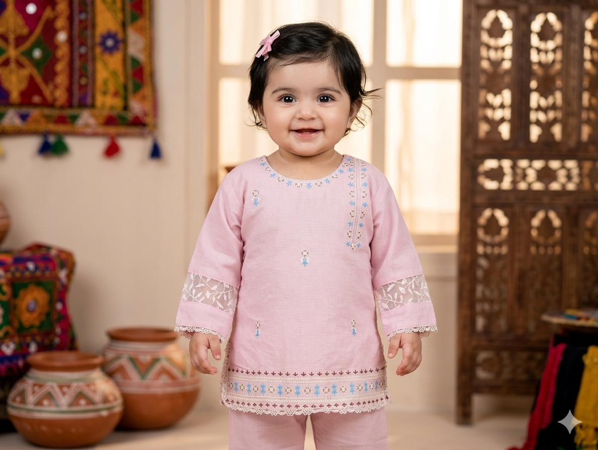 Infant pink embroidered kurta pyjama