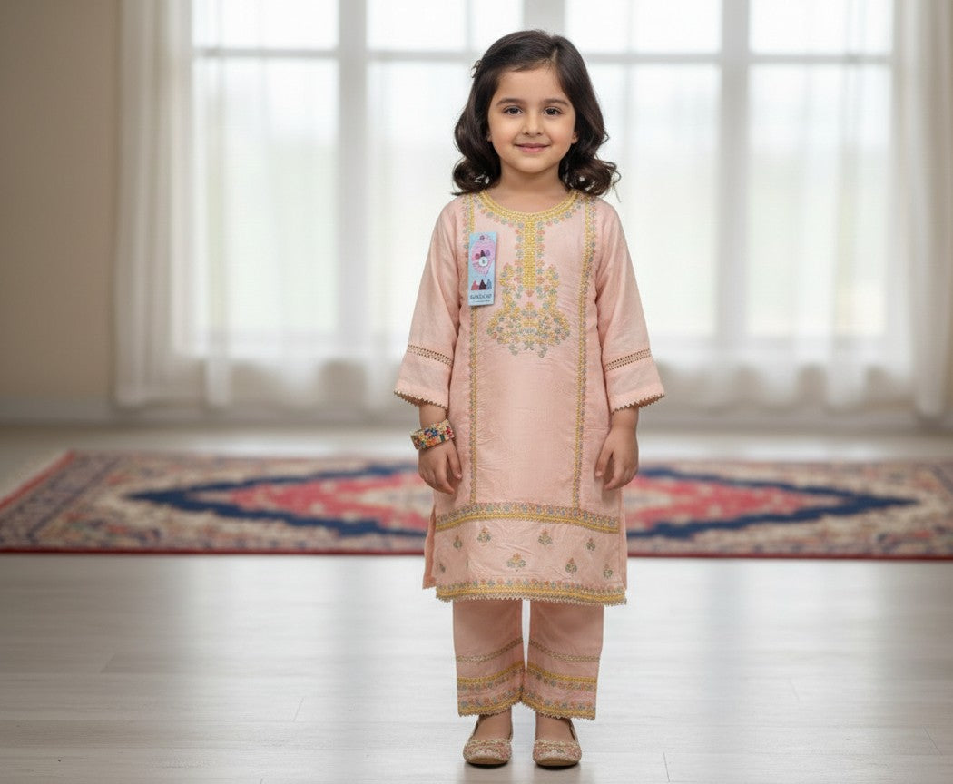 Girls  peach lawn  embroidered kurta with matching embroidered trouser