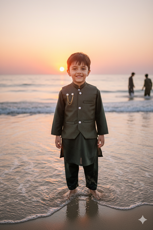 Boys' bottle green kurta pyjama set with a jamawar waistcoat