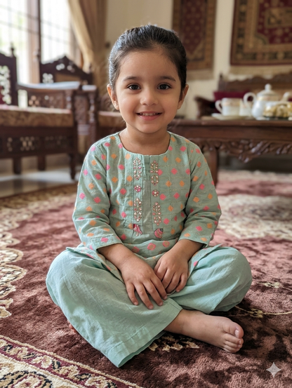 Girls mint green ethnic outfit featuring a diamond-patterned embroidered top with embellishments along the placket, paired with matching wide-leg trousers.