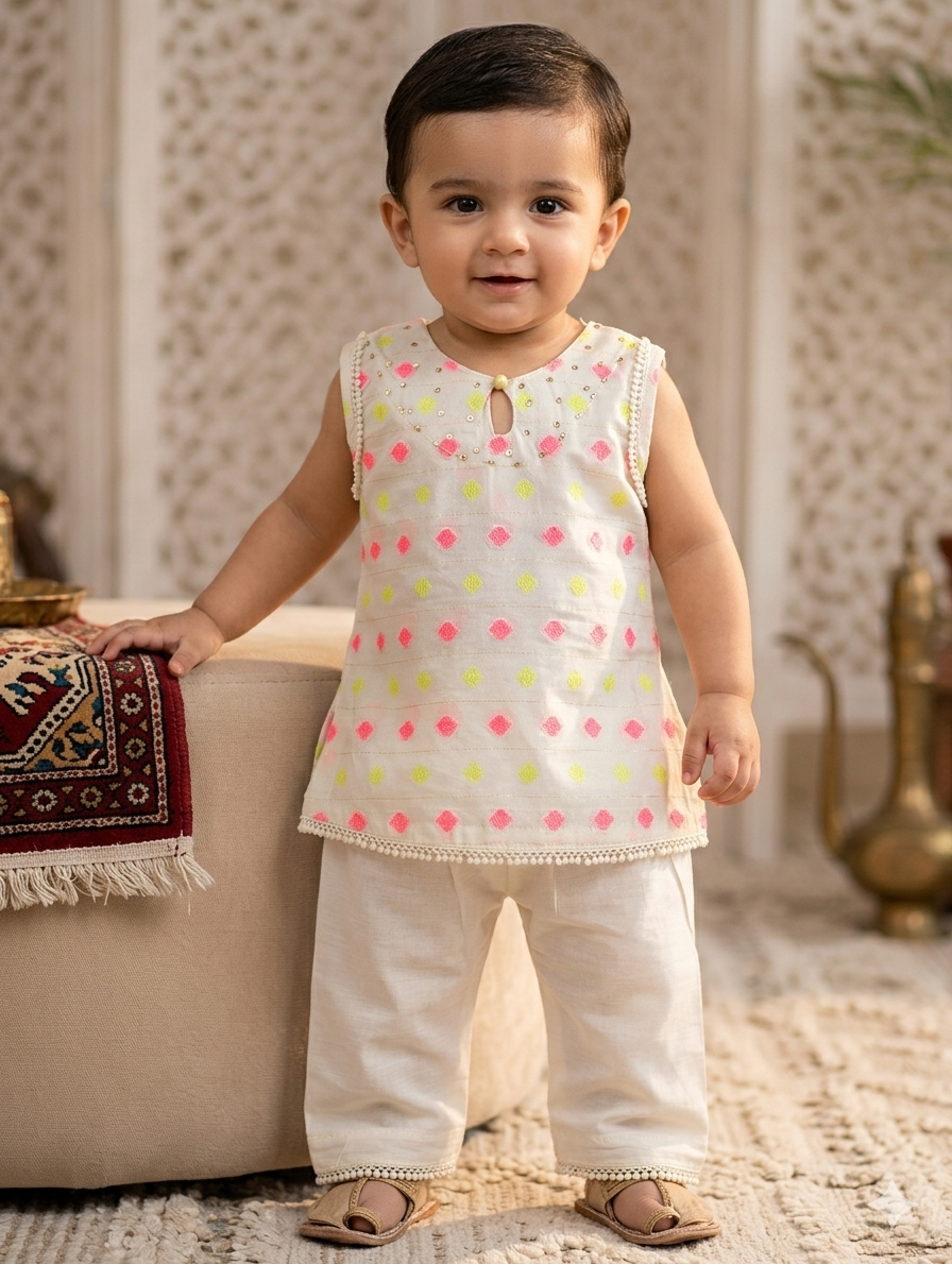 Infant lawn sleeveless tunic and matching wide-leg trousers with pink and lime green diamond patterns