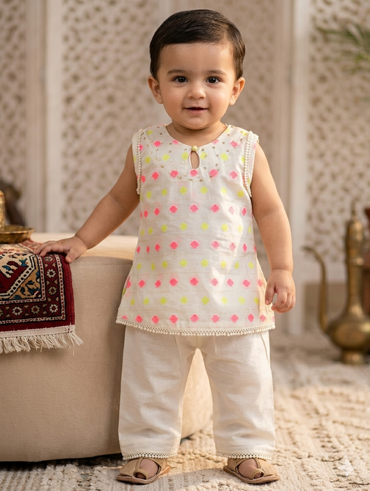 Infant lawn sleeveless tunic and matching wide-leg trousers with pink and lime green diamond patterns