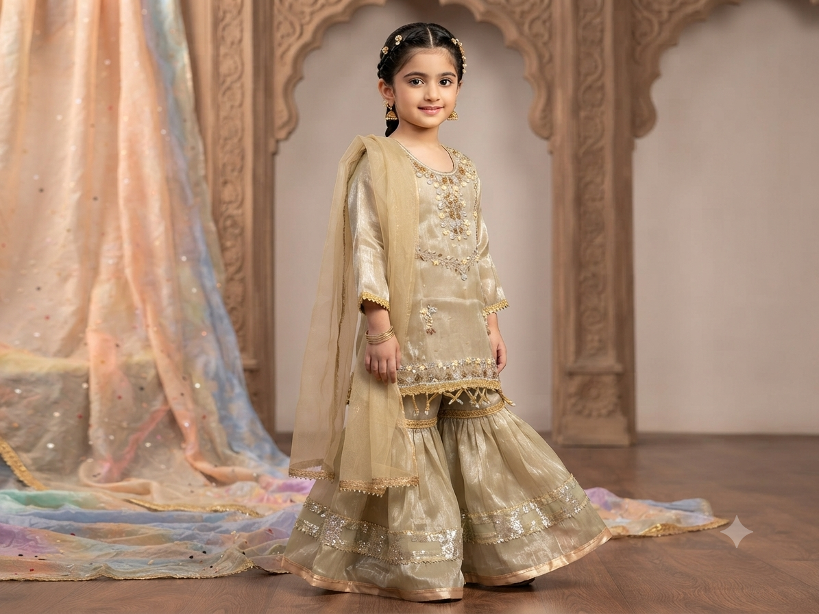Girls /Olive-gold/  hand-embroidered /silk/ short kurta paired with matching flared gharara and sheer dupatta.