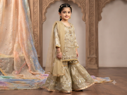 Girls /Olive-gold/  hand-embroidered /silk/ short kurta paired with matching flared gharara and sheer dupatta.