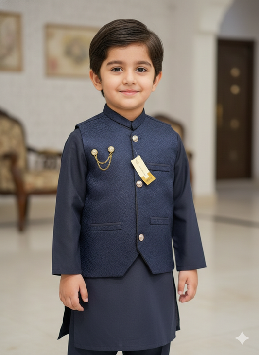 Boys' dusty blue kurta pajama set with a patterned waistcoat.
