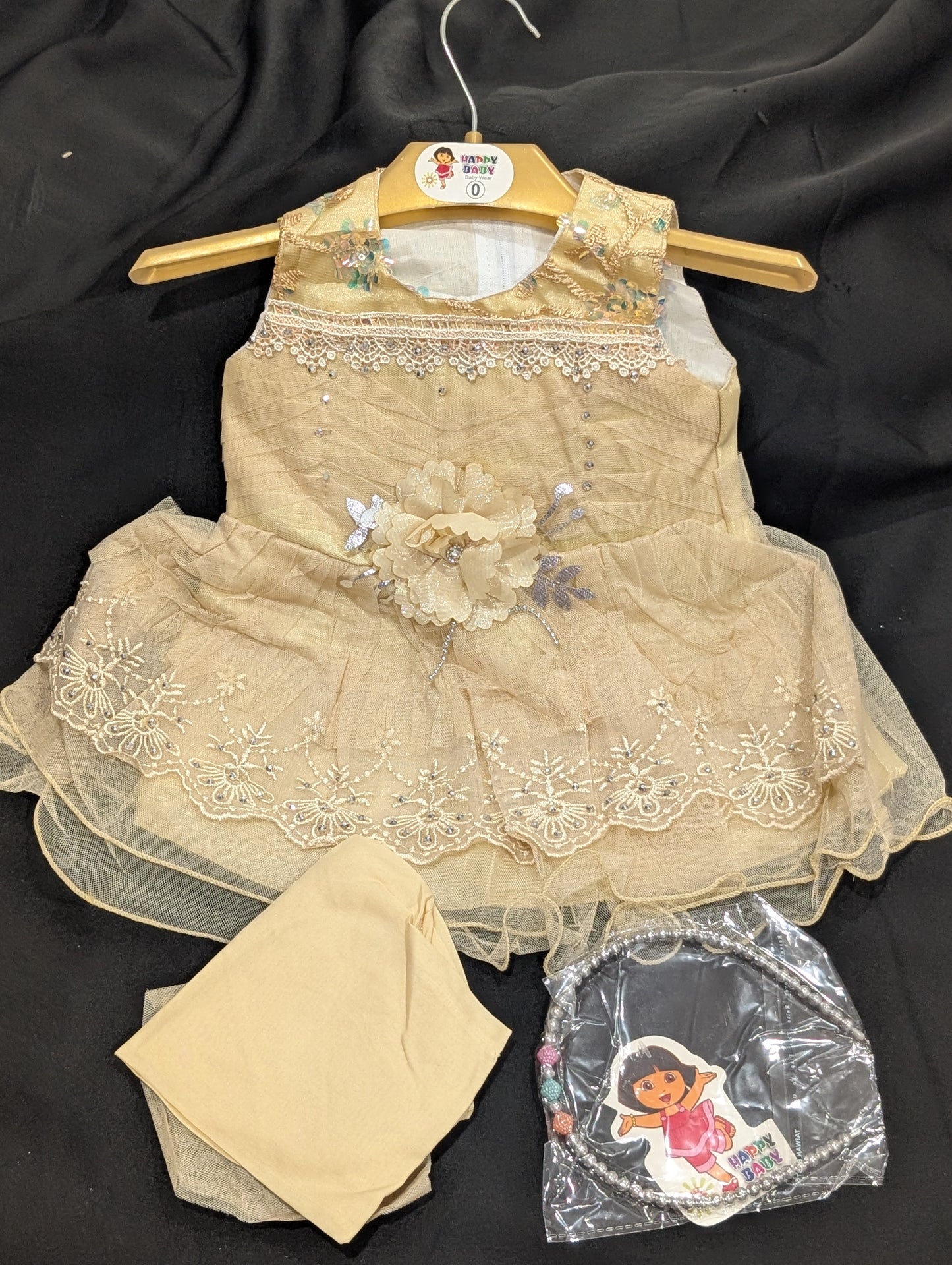 Baby girl's fancy frock with matching pants and headbands (available in four colors)