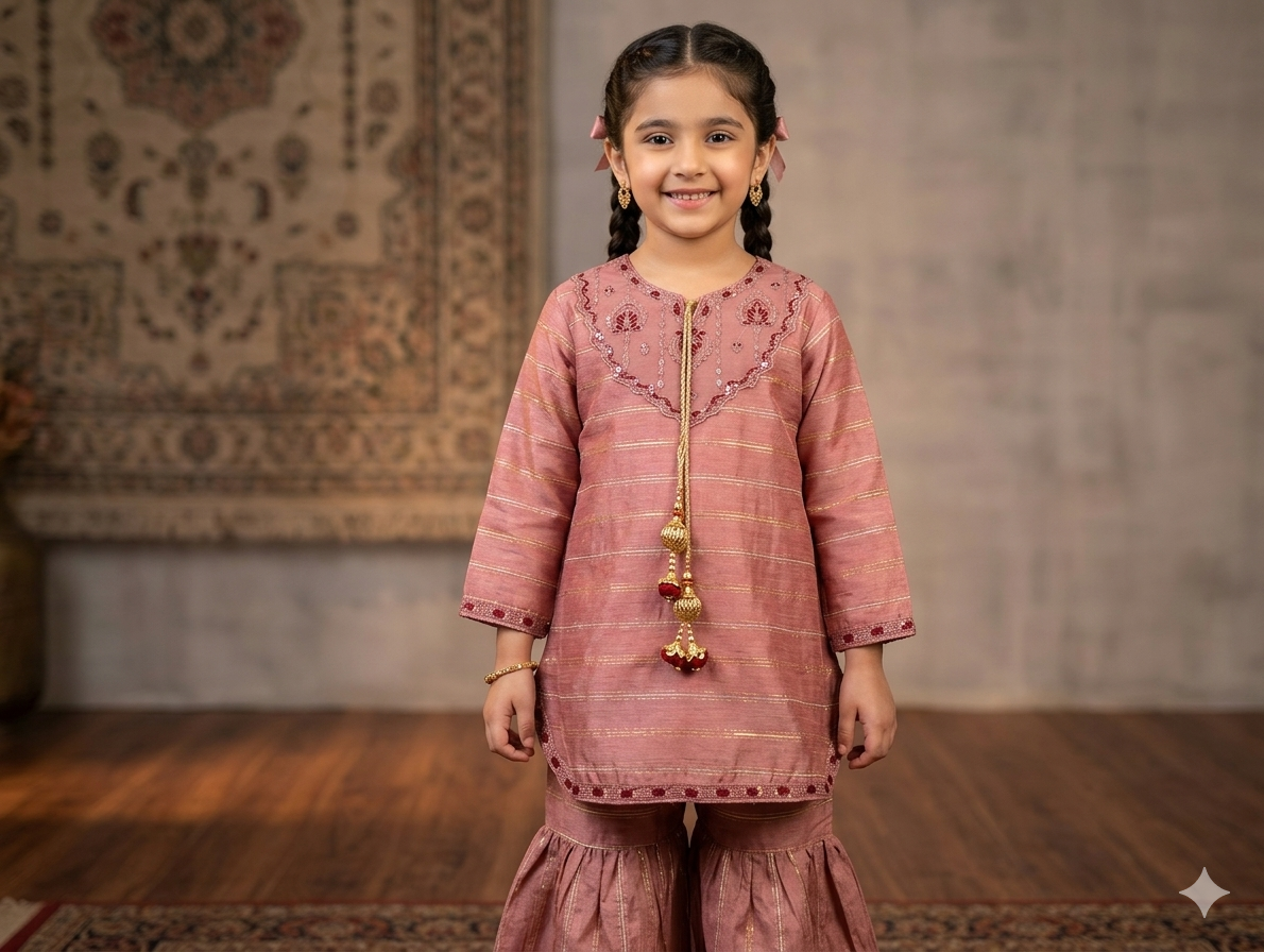 Girls paper cotton+zari embroidered shirts and gharara
