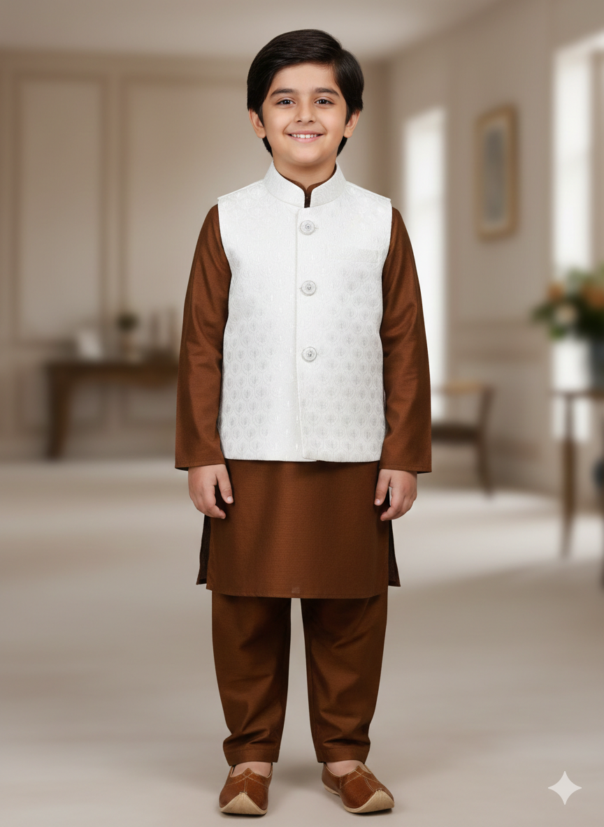 Boys embroidered cream jamawar waistcoat
