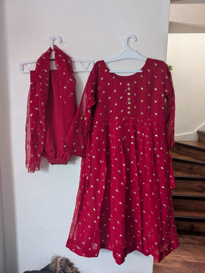 Girls shafoon gold-embellished traditional red outfit and dupatta.