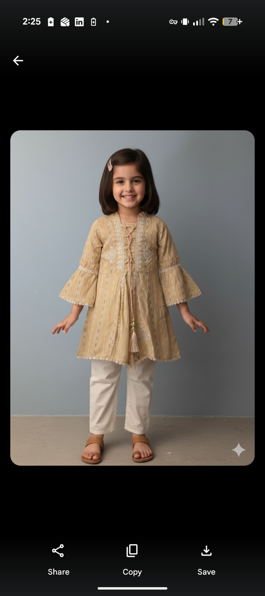 Girls cotton embroidered frock with stylish sleeves and white trouser