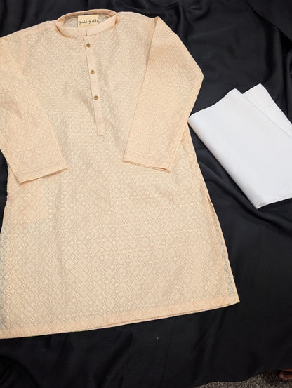 Boys apricot chickenkari kurta with white pyjama