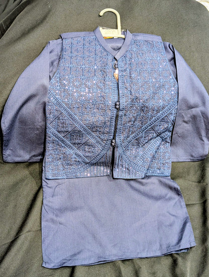 Boys' dusty blue kurta pyjama with a sequence work waistcoat