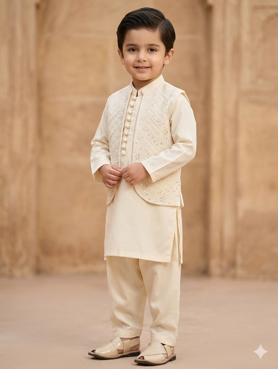 Boys cream cotton kurta pyajama with sequence work matching waistcoat