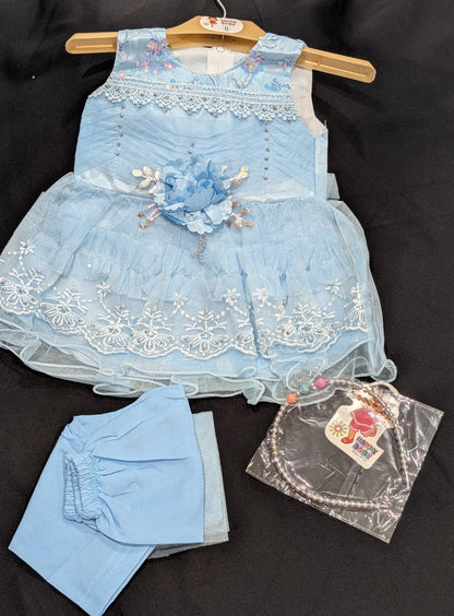 Baby girl's fancy frock with matching pants and headbands (available in four colors)