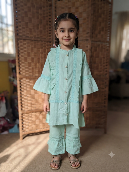 Mint green two piece ruffle set