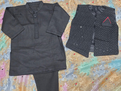 Infant black cotton kurta pyjama with embroidered Waistcoat