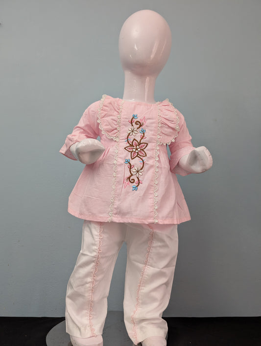 Infant embroidered frock with mix and match white trouser