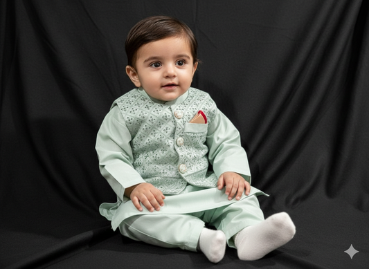 Boys' mint green cotton kurta pyjama set with sequence work waistcoat (normal quality)