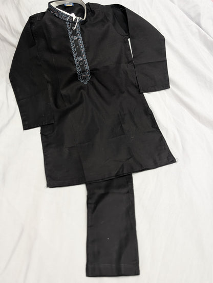 Boys' black neck embroidered kurta and matching pants
