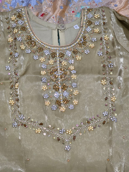 Girls /Olive-gold/  hand-embroidered /silk/ short kurta paired with matching flared gharara and sheer dupatta.