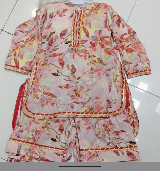 Girls' linen printed short shirt with fesrshi shelwar