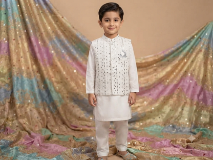 Boys white cotton kurta pyajama with jamawar waistcoat