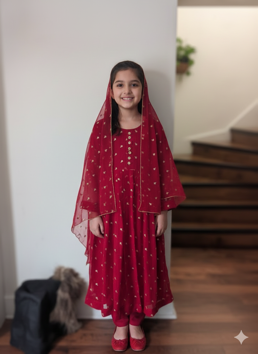 Girls shafoon gold-embellished traditional red outfit and dupatta.