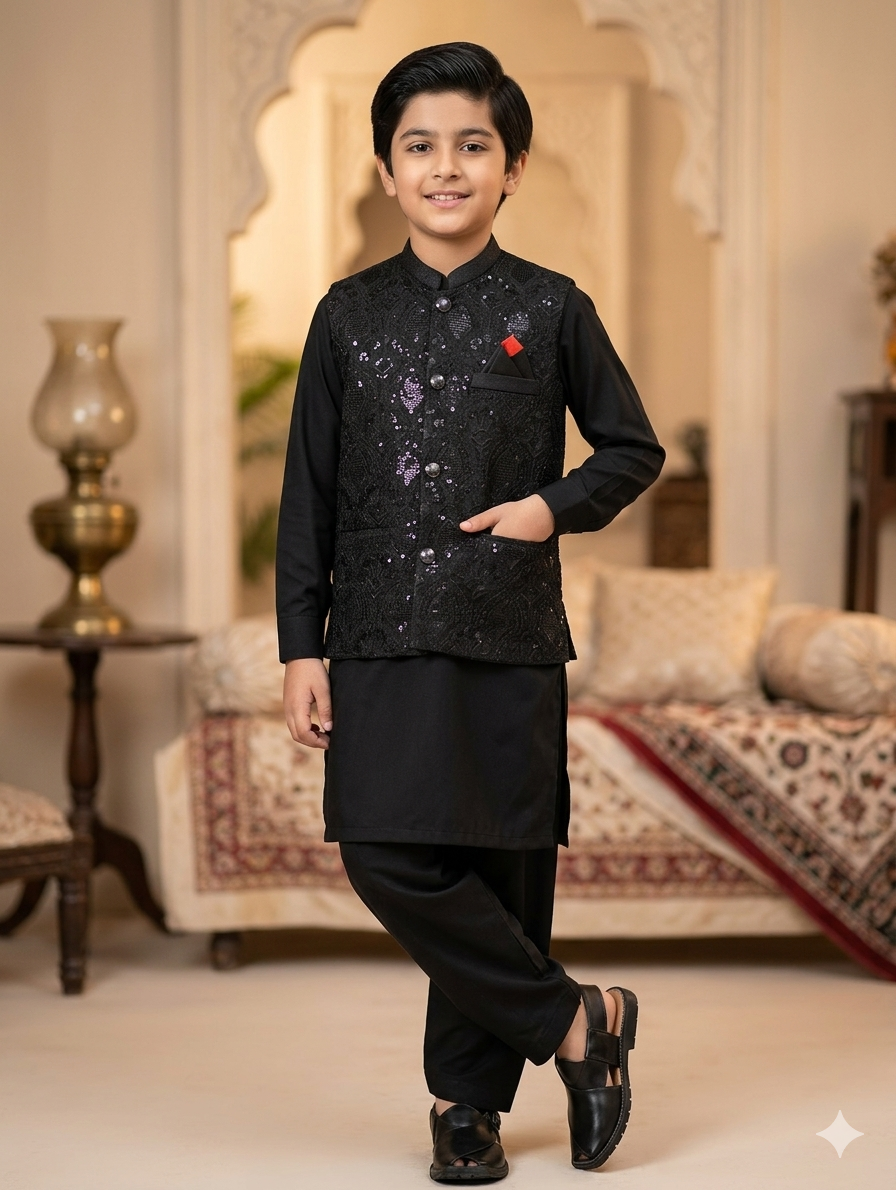 Boys Black Kurta pajama with embroidered and sequence work matching Waistcoat
