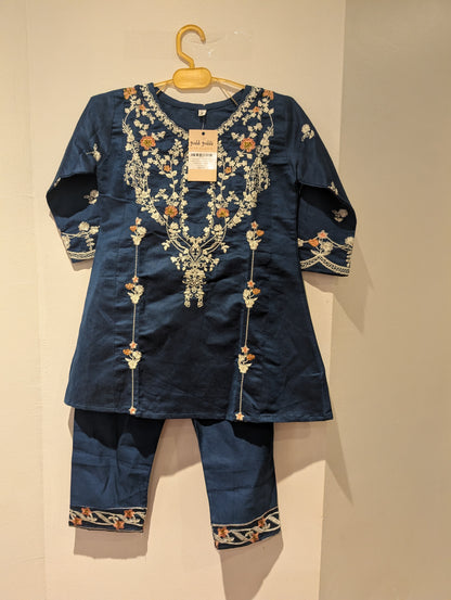 Girls cotton midnight blue  kurta-pajama set featuring intricate cream and peach floral embroidery,