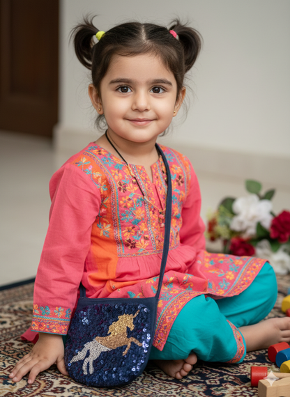 Girls' blue unicorn motif shimmery bags