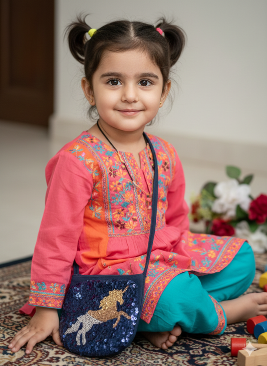 Girls' blue unicorn motif shimmery bags