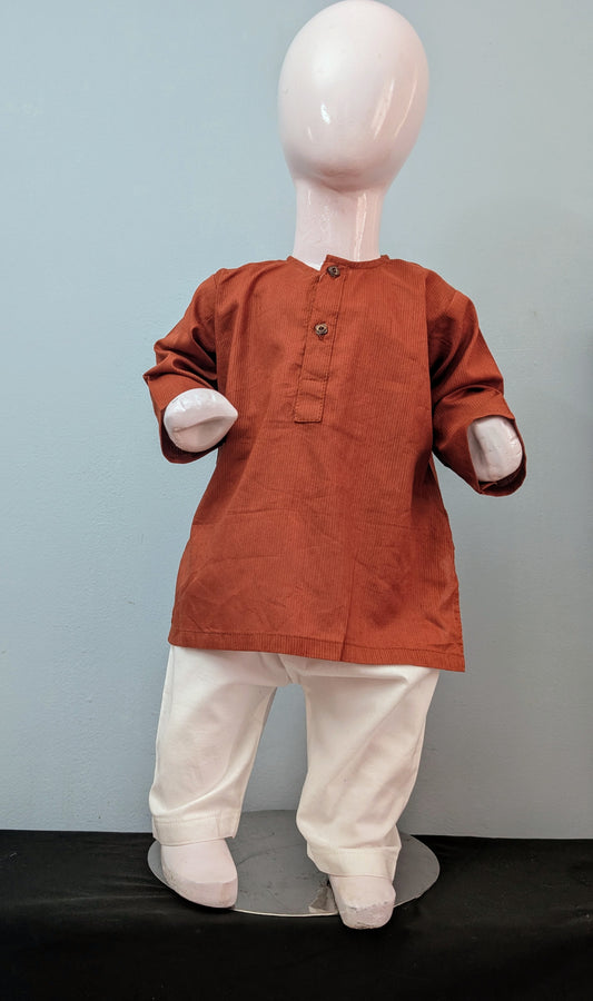 Boys brown cotton pattern kurta with white trouser