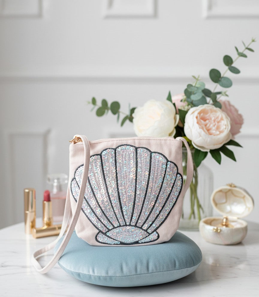 Girls' shimmery sea shell-shaped motif pink bags