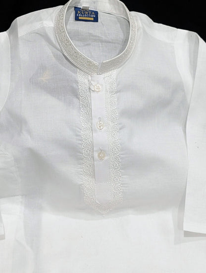 White neck embroidered cotton kurta and pajama set