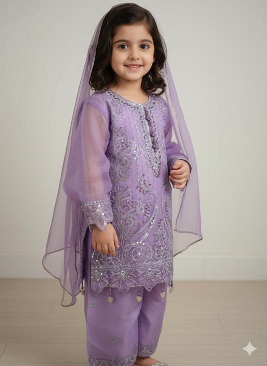 Girls organza fully embroidered Kurta with lining and matching loose pants with net duapatta