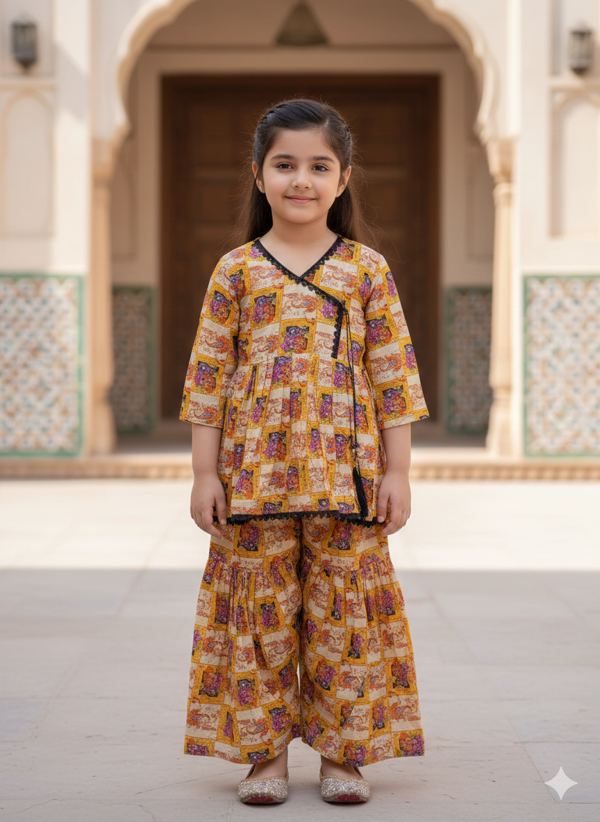 Girls lawn printed frock with matching gharara pants