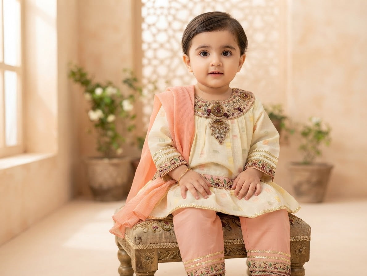 Festive Ivory & Peach Embroidered Peplum Kurti with pants