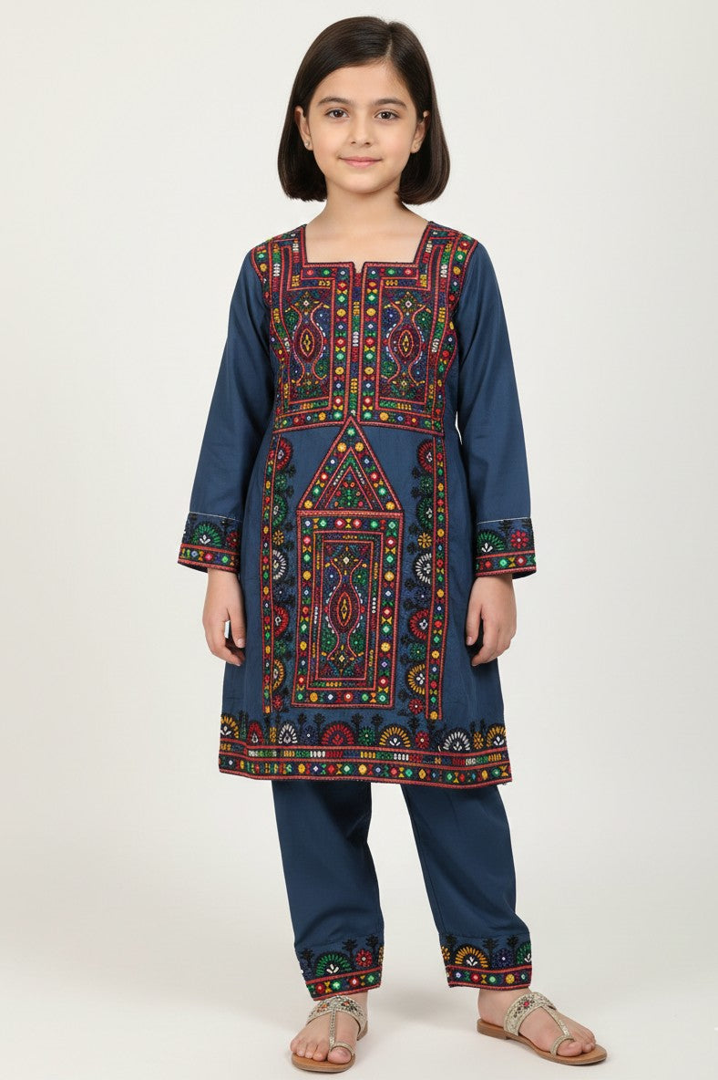 Girls shafoon fully embroidered shirt with matching pants